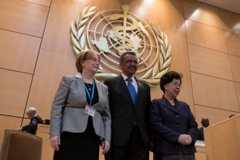 Dr Tedros Adhanom Ghebreyesus, WHO Director-General-Elect (centre), with Dr Veronika Skvortsova, President of the 70th World Health Assembly (left), and Dr Margaret Chan, WHO Director-General. 