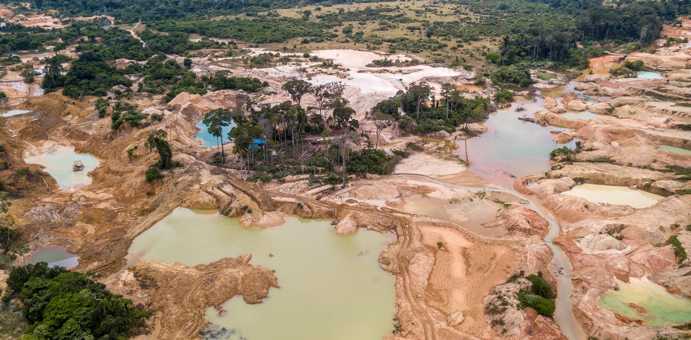 Aerial view of deforested area of the Amazon rainforest.