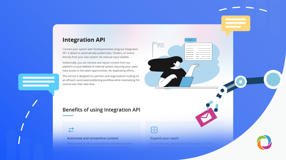 How can organizations integrate DevelopmentAid’s APIs